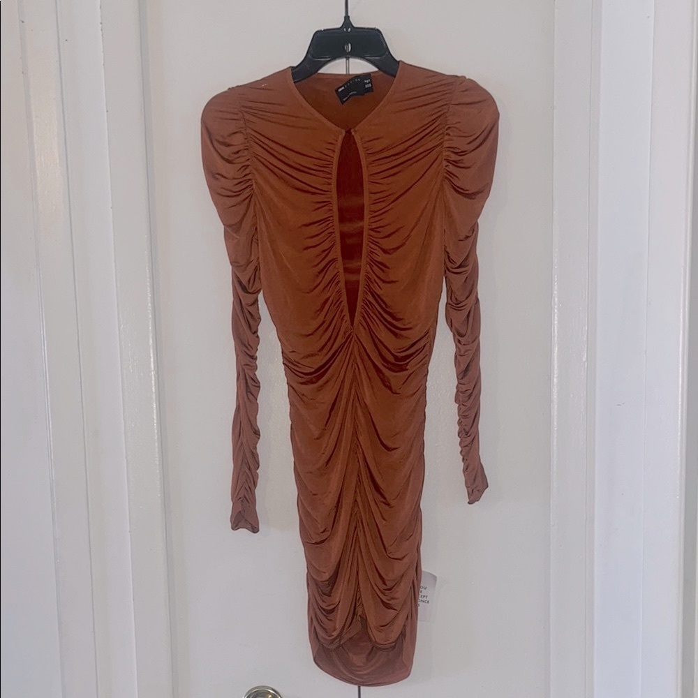 Elegant Ruched Long Sleeve Dress - Rust